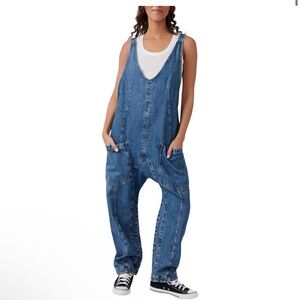 We The Free Medium Blue Denim Drop-Crotch Overalls